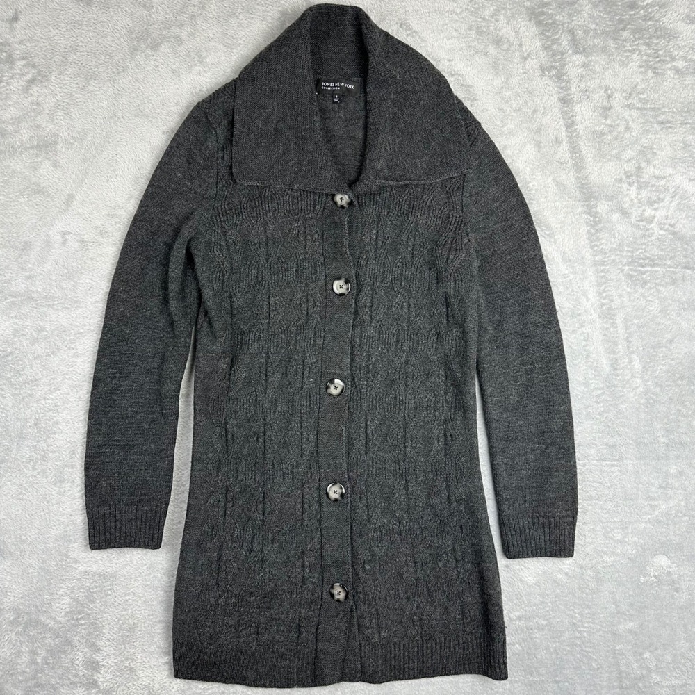 Jones New York Gray 100% Merino Wool Cable Knit Duster Cardigan Women S Belted